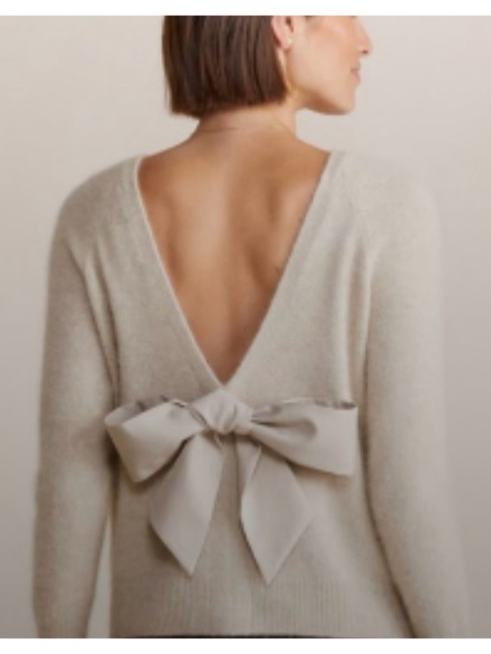 Back Bow V-Neck Sweater Dress in Light Beige